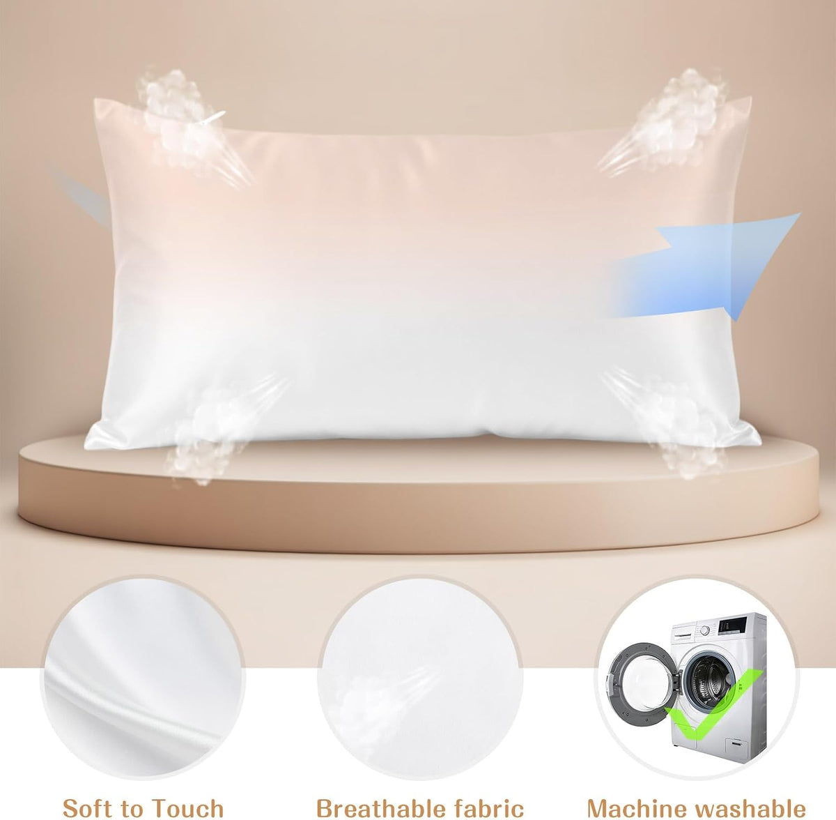 Dreamy Peach Satin Pillowcase for Hair and Skin, Pink and White Gradient Silk Pillow Cases with Hidden Zipper, Smooth Pillow Covers for Sleeping Standard Size Set of 1, 20"×40"