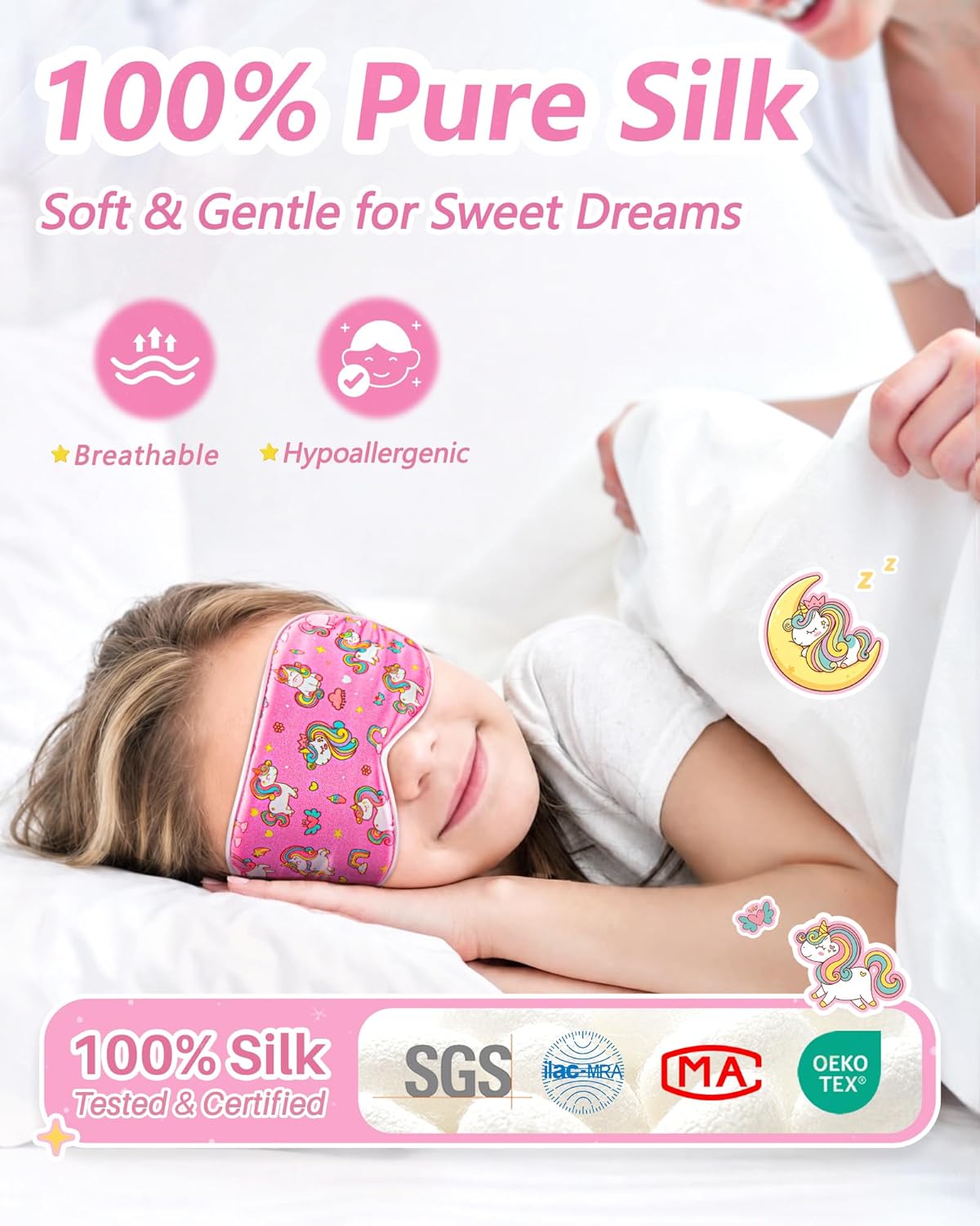Kids 100% Real Silk Sleep Mask, Girls Blackout Eye Masks (2 Pack)