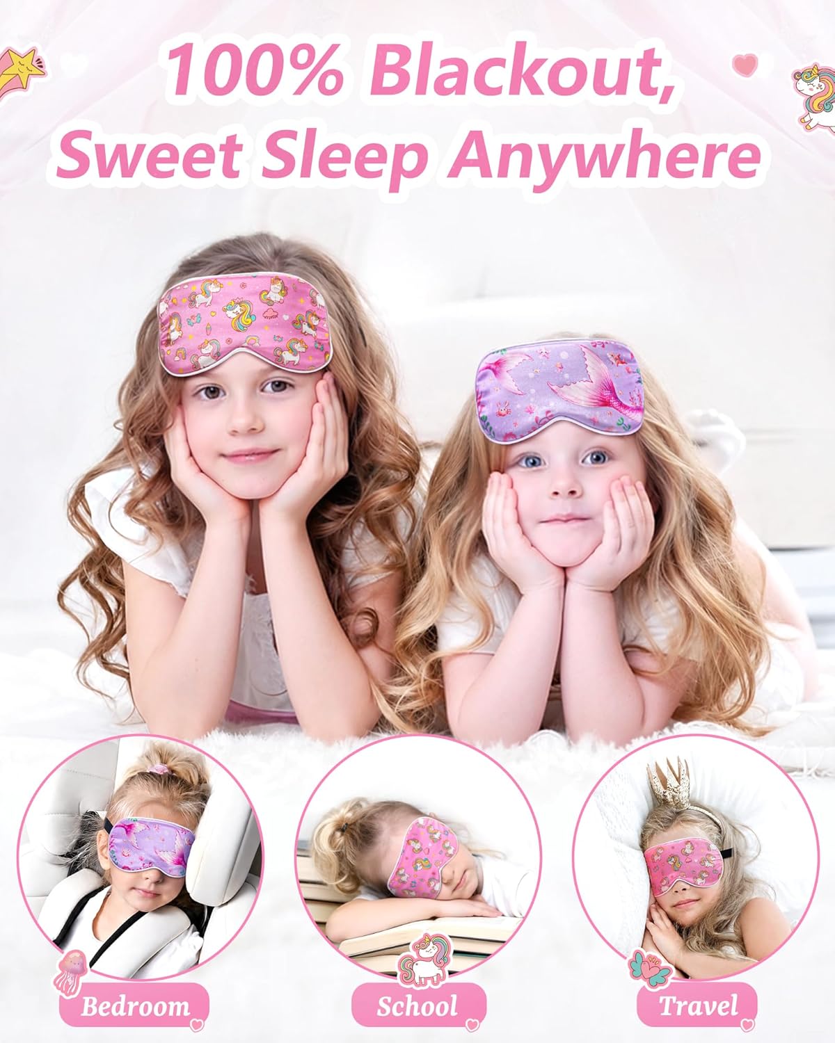 Kids 100% Real Silk Sleep Mask, Girls Blackout Eye Masks (2 Pack)