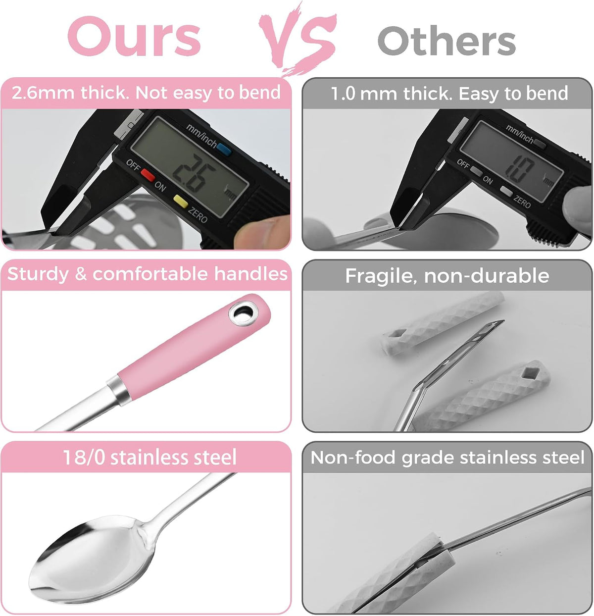 14-in Pink Cooking Spoons Set, Heavy Duty 18/0 Stainless Steel Large Serving Spoons Set, Slotted Spoon, Cooking Spoon & Soup Ladle, Commercial and Residential Use, Pack of 3