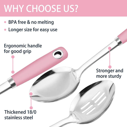 14-in Pink Cooking Spoons Set, Heavy Duty 18/0 Stainless Steel Large Serving Spoons Set, Slotted Spoon, Cooking Spoon & Soup Ladle, Commercial and Residential Use, Pack of 3