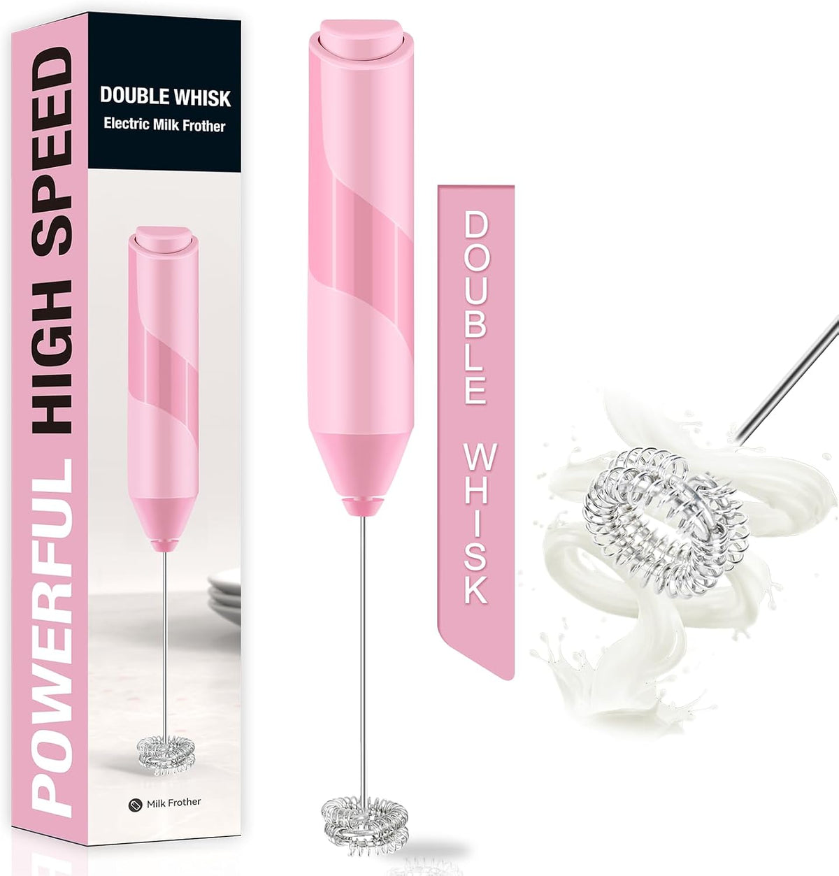 Double Whisk Milk Frother, Handheld Electric Blender stick, Drink Mixer with Food Grade Stainless Steel Stirrer, Battery Operated Foam Maker for Coffee, Cappuccino, Matcha,Hot Chocolate Latte, in Pink