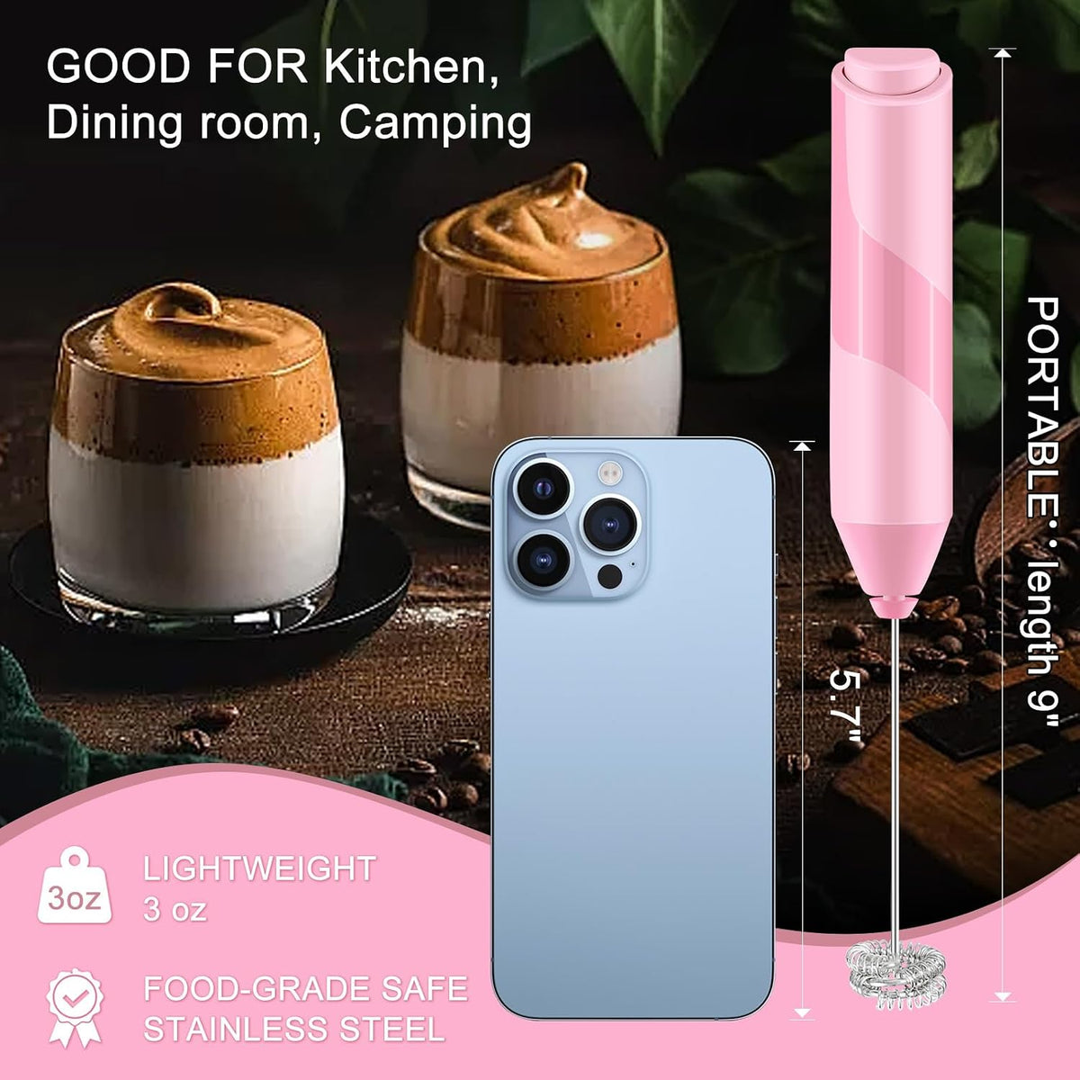 Double Whisk Milk Frother, Handheld Electric Blender stick, Drink Mixer with Food Grade Stainless Steel Stirrer, Battery Operated Foam Maker for Coffee, Cappuccino, Matcha,Hot Chocolate Latte, in Pink