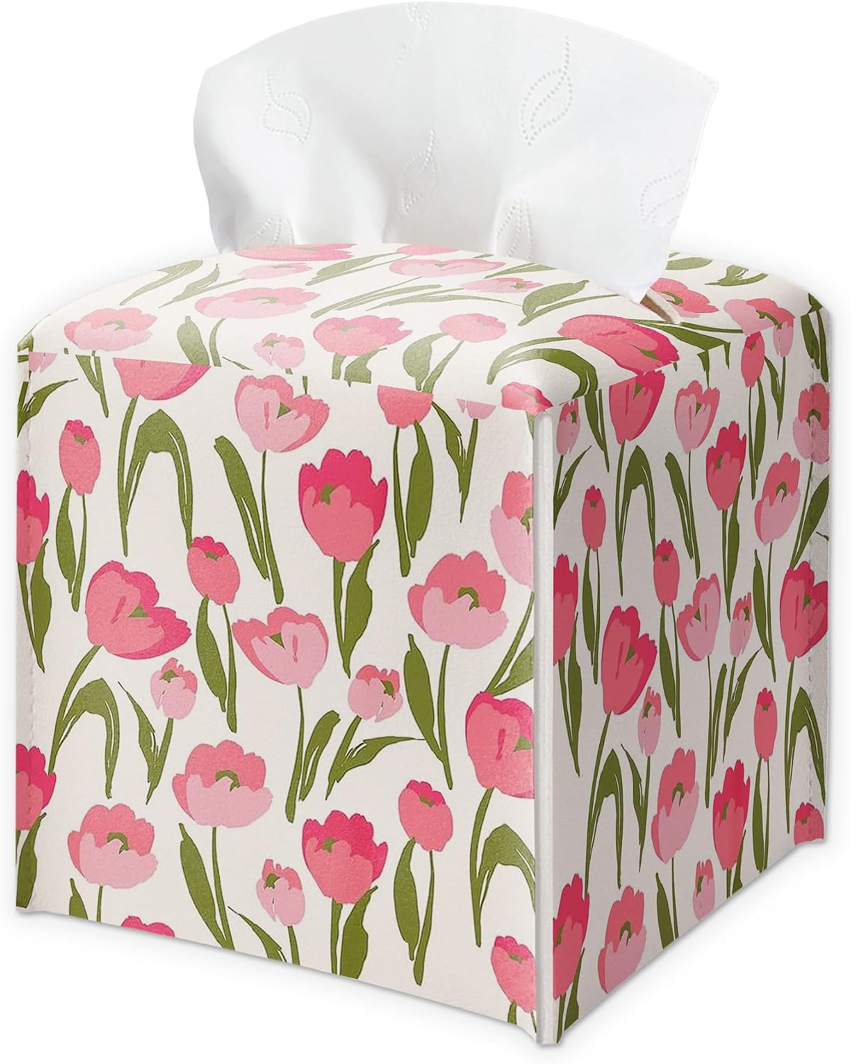 Spring Pink Floral Tissue Box Cover Square - Tulip Flowers Tissue Holder - Waterproof Facial Paper Organizer for Home Bathroom Office - Desk Tabletop Supplies Decorative Dispenser Box - A02