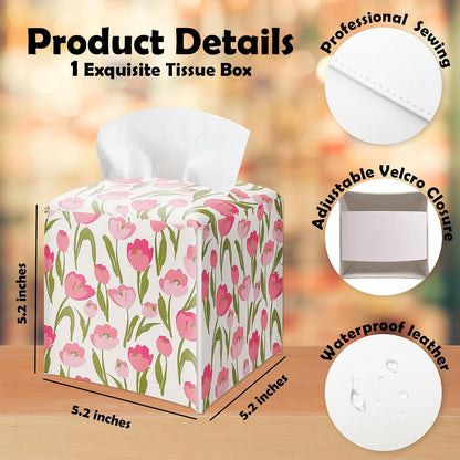 Spring Pink Floral Tissue Box Cover Square - Tulip Flowers Tissue Holder - Waterproof Facial Paper Organizer for Home Bathroom Office - Desk Tabletop Supplies Decorative Dispenser Box - A02