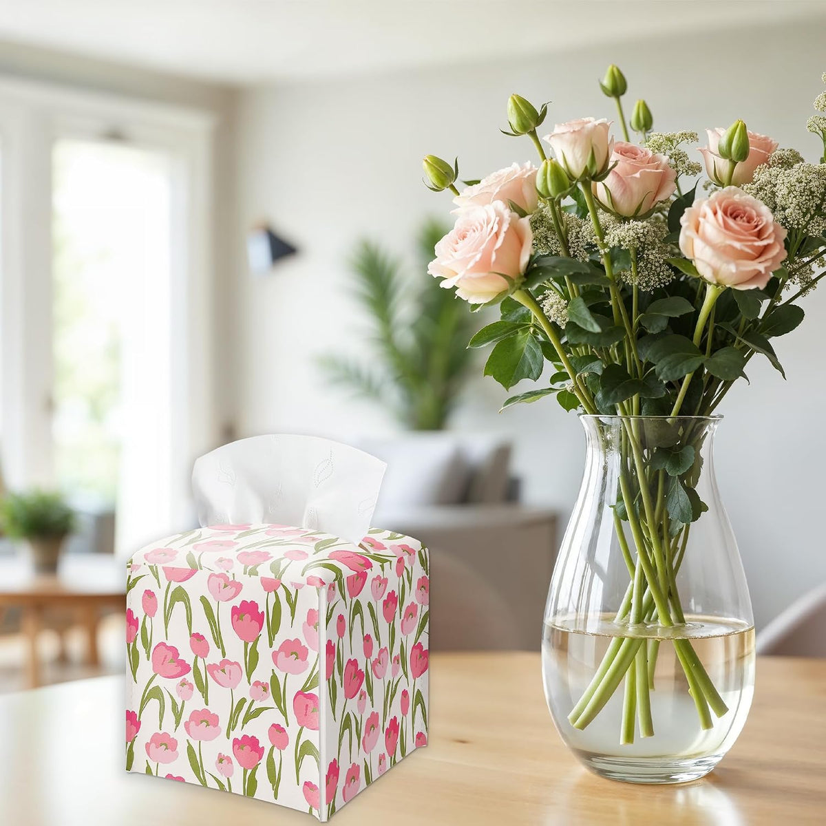 Spring Pink Floral Tissue Box Cover Square - Tulip Flowers Tissue Holder - Waterproof Facial Paper Organizer for Home Bathroom Office - Desk Tabletop Supplies Decorative Dispenser Box - A02
