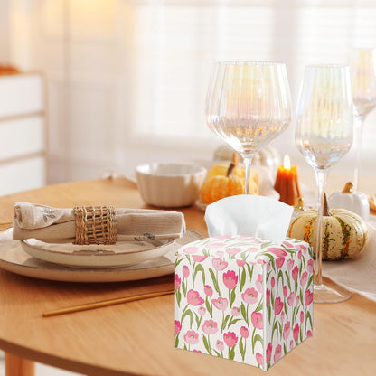 Spring Pink Floral Tissue Box Cover Square - Tulip Flowers Tissue Holder - Waterproof Facial Paper Organizer for Home Bathroom Office - Desk Tabletop Supplies Decorative Dispenser Box - A02