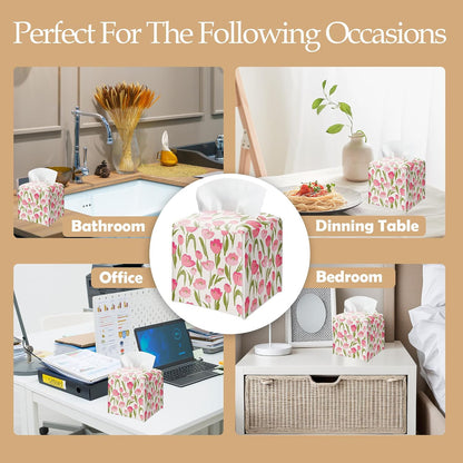 Spring Pink Floral Tissue Box Cover Square - Tulip Flowers Tissue Holder - Waterproof Facial Paper Organizer for Home Bathroom Office - Desk Tabletop Supplies Decorative Dispenser Box - A02