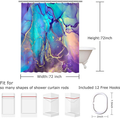 Purple Marble Shower Curtain, Blue Abstract Bathroom Curtain, Colorful Ombre Shower Curtains Set with 12 Hooks, Pink and Gold Bathroom Decor, 72"x72"