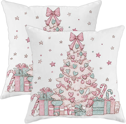 Christmas Tree Throw Pillow Covers Set of 2, Xmas Fanciful Presents Hearts Peach Soft Velvet Washable Square Pillow Cases for Living Room Apartment Bed Sofa Decor 18x18 Inch