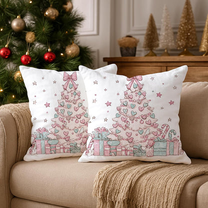 Christmas Tree Throw Pillow Covers Set of 2, Xmas Fanciful Presents Hearts Peach Soft Velvet Washable Square Pillow Cases for Living Room Apartment Bed Sofa Decor 18x18 Inch
