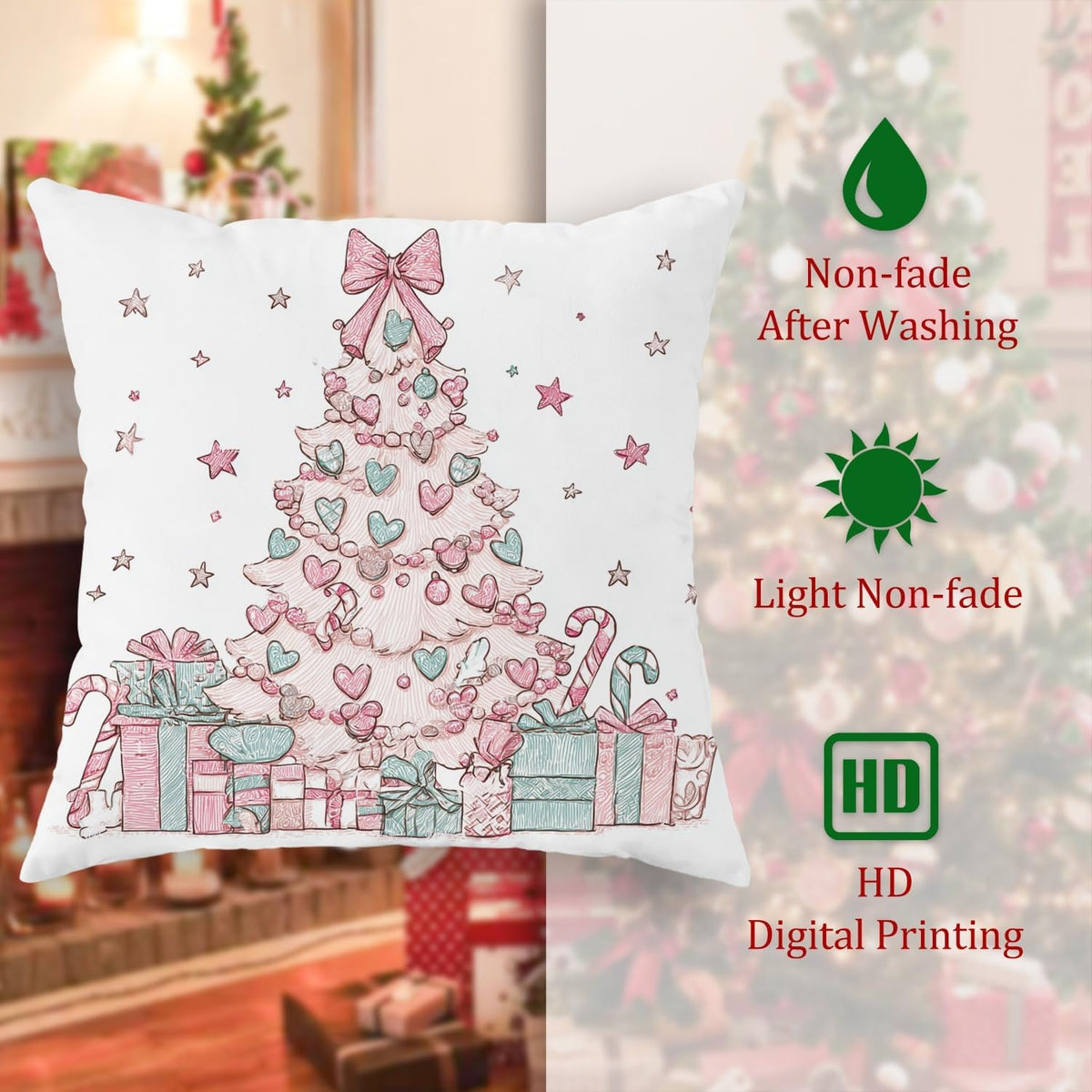 Christmas Tree Throw Pillow Covers Set of 2, Xmas Fanciful Presents Hearts Peach Soft Velvet Washable Square Pillow Cases for Living Room Apartment Bed Sofa Decor 18x18 Inch
