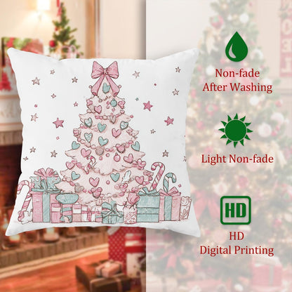 Christmas Tree Throw Pillow Covers Set of 2, Xmas Fanciful Presents Hearts Peach Soft Velvet Washable Square Pillow Cases for Living Room Apartment Bed Sofa Decor 18x18 Inch