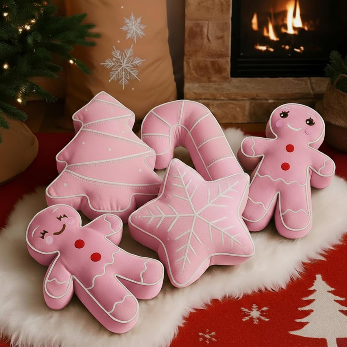 5 Pcs Pink Christmas Throw Pillows Gingerbread Christmas Tree Snowflake Peppermint Shaped Pillows Stuffed Decoration for Home Xmas Winter Holiday Bed Sofa Couch Party