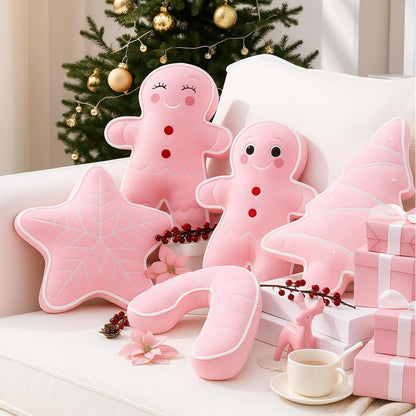 5 Pcs Pink Christmas Throw Pillows Gingerbread Christmas Tree Snowflake Peppermint Shaped Pillows Stuffed Decoration for Home Xmas Winter Holiday Bed Sofa Couch Party