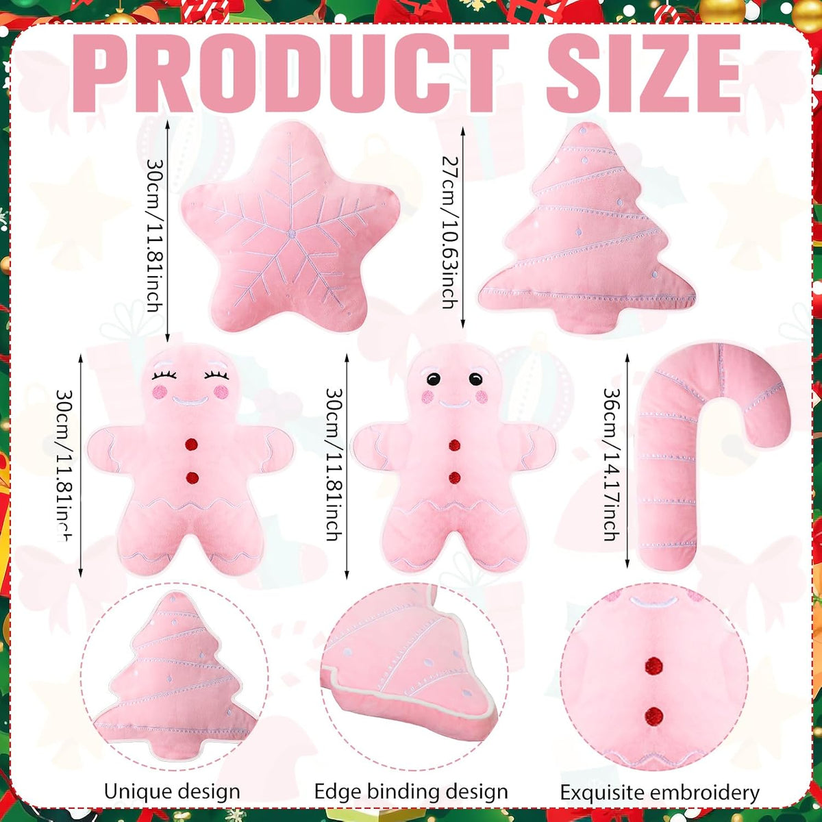 5 Pcs Pink Christmas Throw Pillows Gingerbread Christmas Tree Snowflake Peppermint Shaped Pillows Stuffed Decoration for Home Xmas Winter Holiday Bed Sofa Couch Party