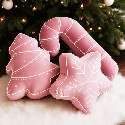 5 Pcs Pink Christmas Throw Pillows Gingerbread Christmas Tree Snowflake Peppermint Shaped Pillows Stuffed Decoration for Home Xmas Winter Holiday Bed Sofa Couch Party