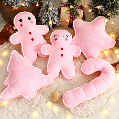 5 Pcs Pink Christmas Throw Pillows Gingerbread Christmas Tree Snowflake Peppermint Shaped Pillows Stuffed Decoration for Home Xmas Winter Holiday Bed Sofa Couch Party