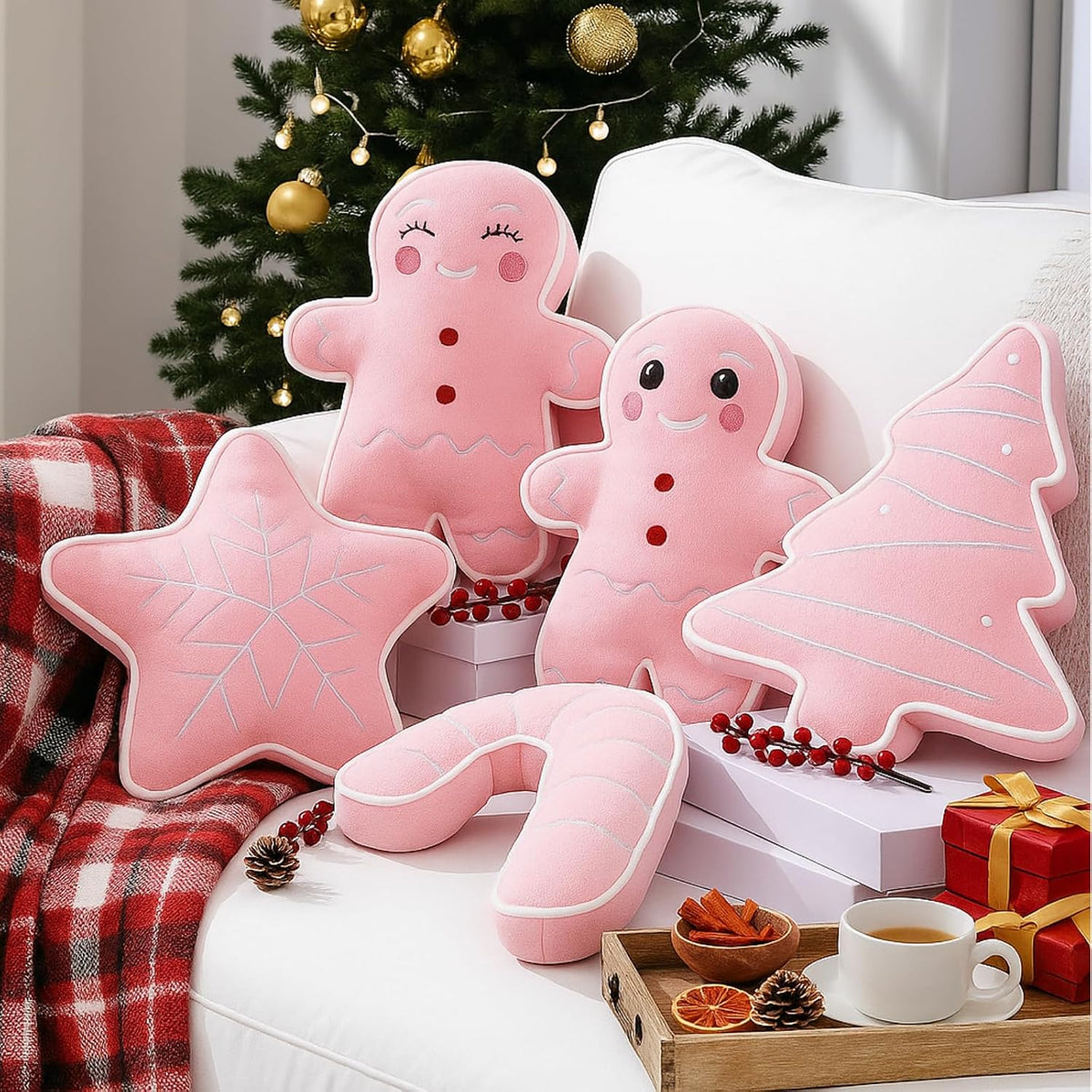 5 Pcs Pink Christmas Throw Pillows Gingerbread Christmas Tree Snowflake Peppermint Shaped Pillows Stuffed Decoration for Home Xmas Winter Holiday Bed Sofa Couch Party