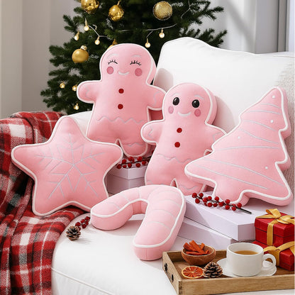 5 Pcs Pink Christmas Throw Pillows Gingerbread Christmas Tree Snowflake Peppermint Shaped Pillows Stuffed Decoration for Home Xmas Winter Holiday Bed Sofa Couch Party