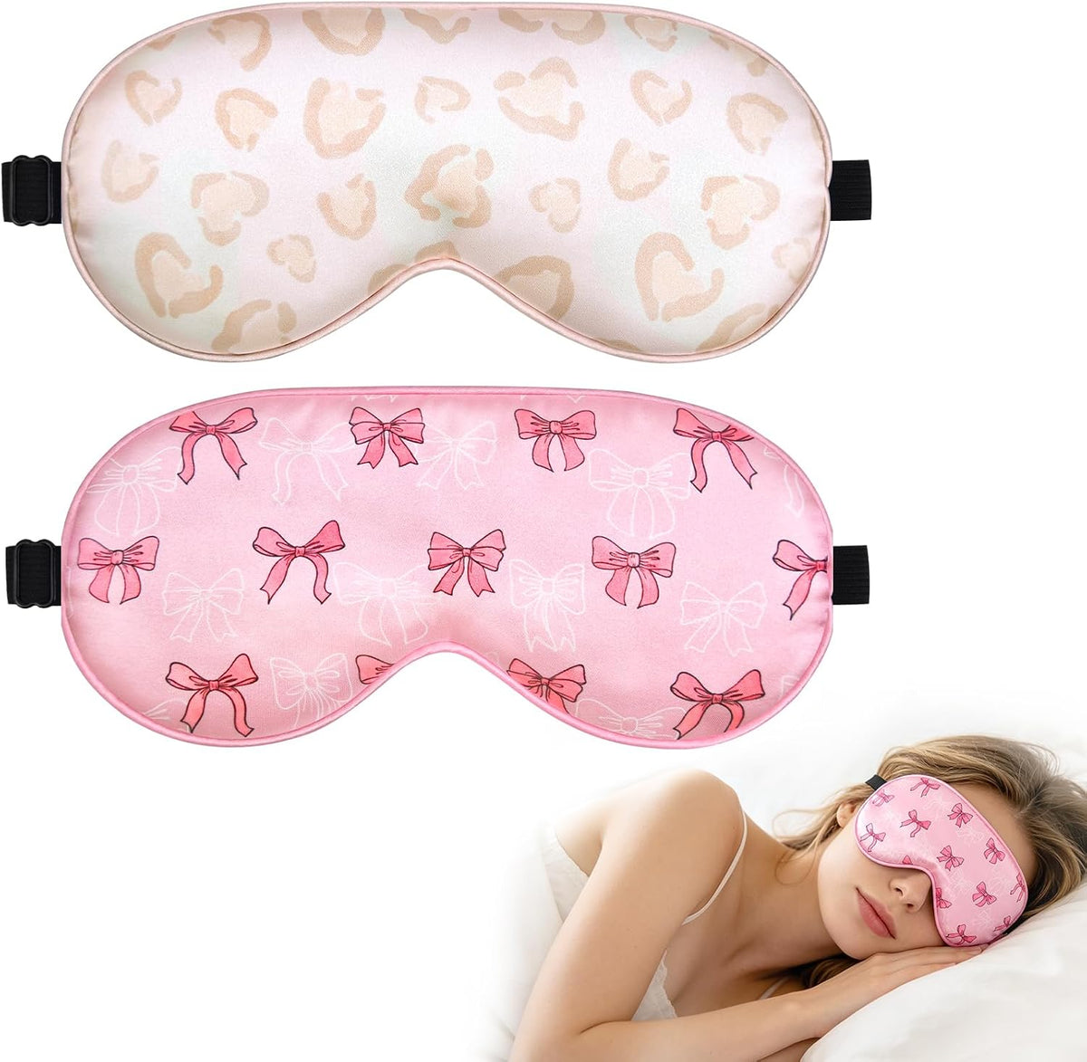 2 Pcs Girls Sleep Masks for Women Girls Silk Eye Mask Sleeping Eye Masks Women with Adjustable Strap Soft Lightweight Eye Cover Pink Bow Blindfold Shade Light Blocking Travel Home Use