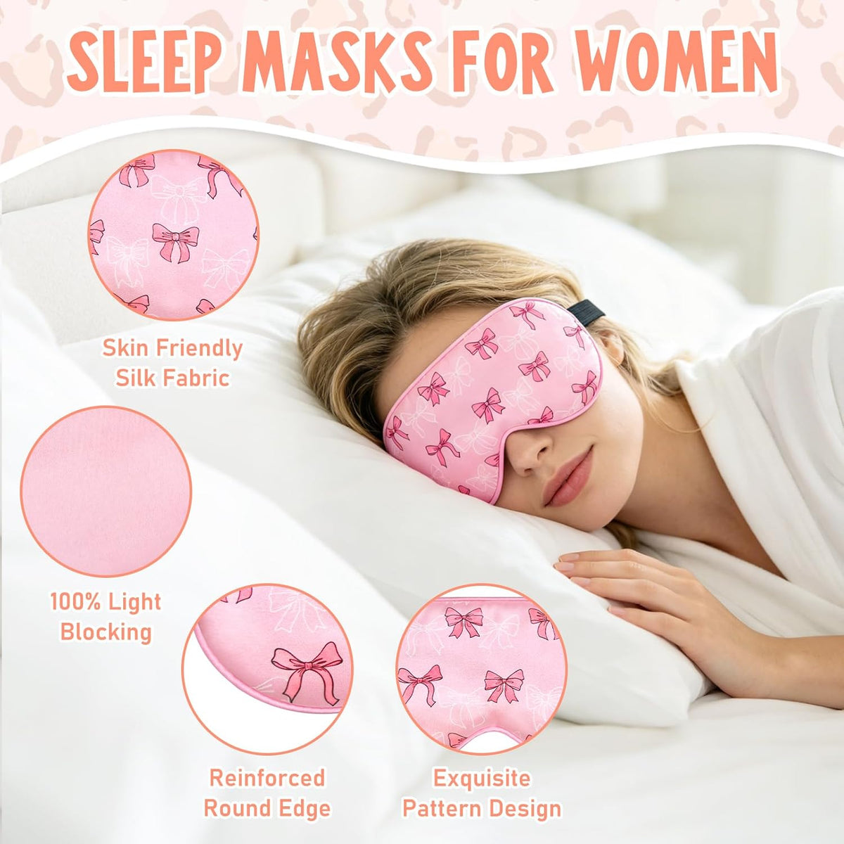 2 Pcs Girls Sleep Masks for Women Girls Silk Eye Mask Sleeping Eye Masks Women with Adjustable Strap Soft Lightweight Eye Cover Pink Bow Blindfold Shade Light Blocking Travel Home Use