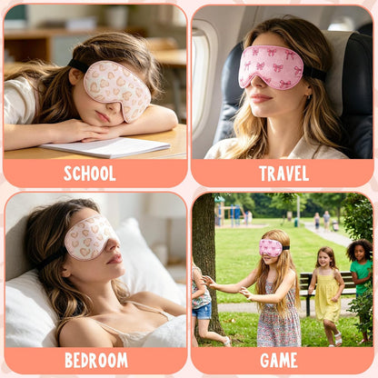 2 Pcs Girls Sleep Masks for Women Girls Silk Eye Mask Sleeping Eye Masks Women with Adjustable Strap Soft Lightweight Eye Cover Pink Bow Blindfold Shade Light Blocking Travel Home Use
