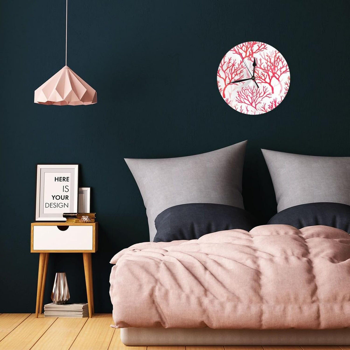 Pink Coral Pattern Round Wall Clocks 10 Inch Silent Non-Ticking Circular Clock Decorative Wall Clock for Living Room Kitchen Bedroom Bathroom Office Home Decor