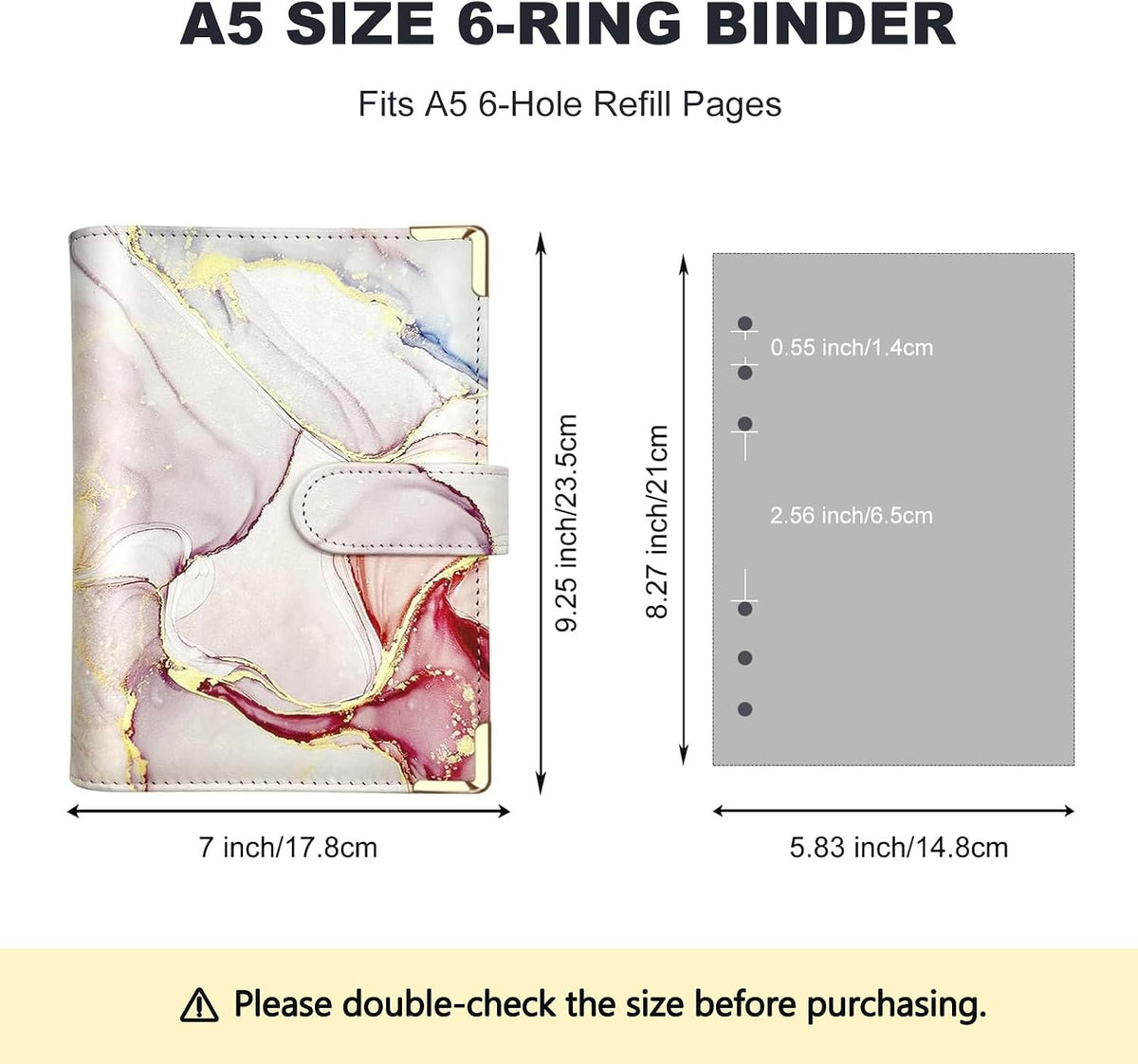 A5/A6 Refillable 6 Ring Faux Leather Budget Binder,Mini Notebook Binder Cover for A5 Filler Paper,Loose Leaf Personal Planner Cover with Magnetic Buckle Closure(Marble Pink)