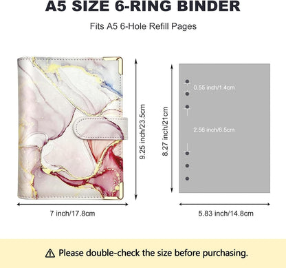A5/A6 Refillable 6 Ring Faux Leather Budget Binder,Mini Notebook Binder Cover for A5 Filler Paper,Loose Leaf Personal Planner Cover with Magnetic Buckle Closure(Marble Pink)