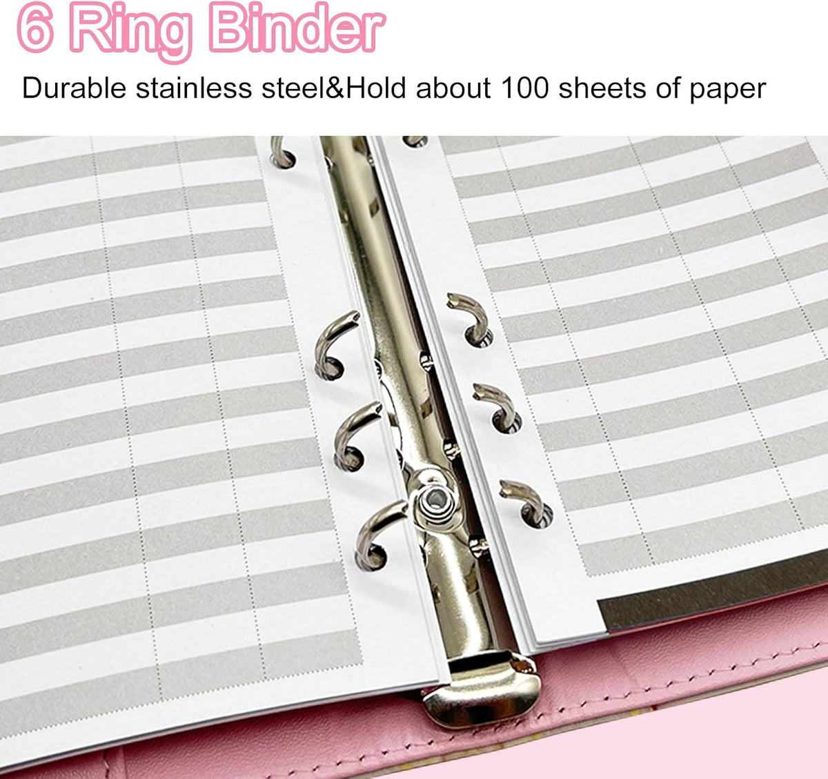 A5/A6 Refillable 6 Ring Faux Leather Budget Binder,Mini Notebook Binder Cover for A5 Filler Paper,Loose Leaf Personal Planner Cover with Magnetic Buckle Closure(Marble Pink)