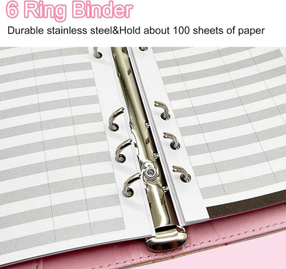 A5/A6 Refillable 6 Ring Faux Leather Budget Binder,Mini Notebook Binder Cover for A5 Filler Paper,Loose Leaf Personal Planner Cover with Magnetic Buckle Closure(Marble Pink)