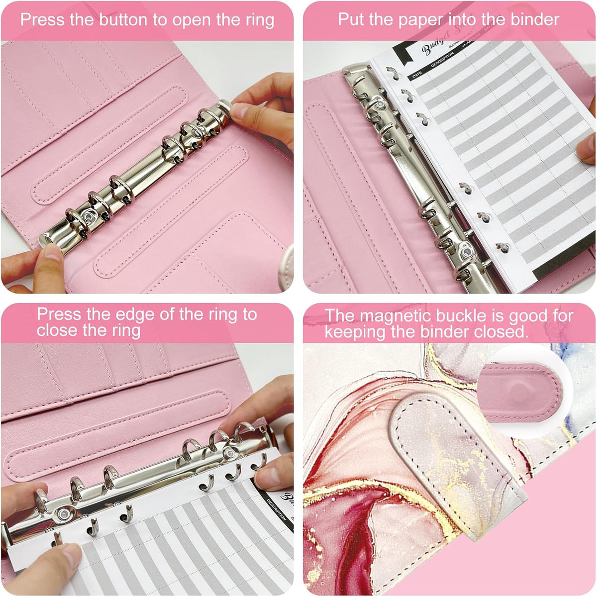 A5/A6 Refillable 6 Ring Faux Leather Budget Binder,Mini Notebook Binder Cover for A5 Filler Paper,Loose Leaf Personal Planner Cover with Magnetic Buckle Closure(Marble Pink)