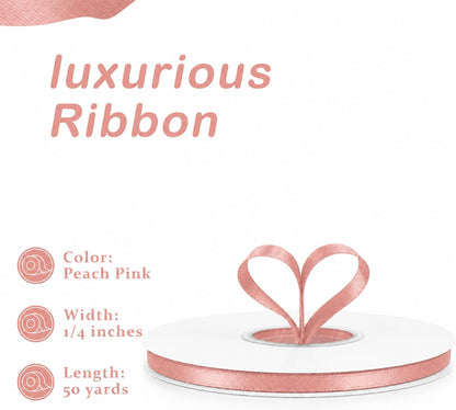 50 Yards Peach Pink Satin Ribbon 1/4 Inch Double Face Ribbon for Gift Wrapping Bouquets Crafts Wedding Decoration
