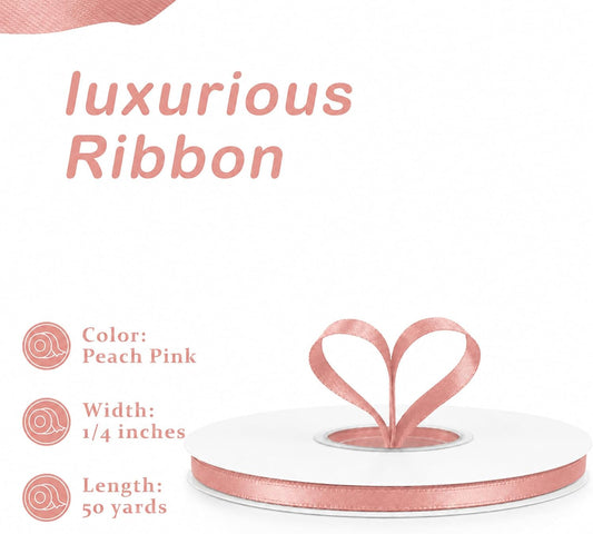 50 Yards Peach Pink Satin Ribbon 1/4 Inch Double Face Ribbon for Gift Wrapping Bouquets Crafts Wedding Decoration