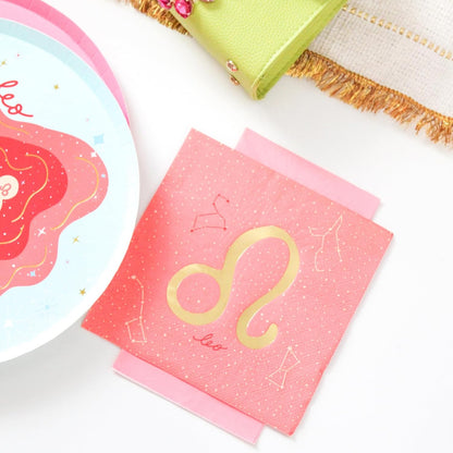 Zodiac Large Napkins - Leo Astrological Sign Design - Peach with Gold Details - Pack of 16 - Disposable Paper Napkins for Birthdays, Parties and Celebrations