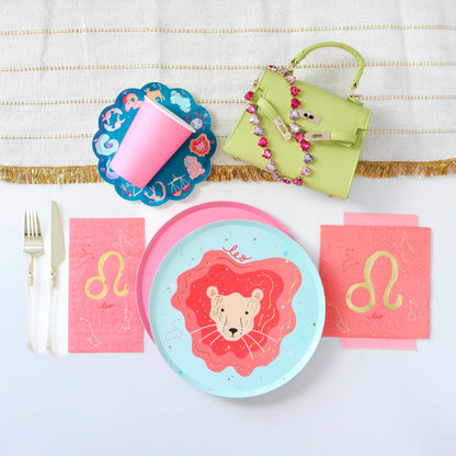 Zodiac Large Napkins - Leo Astrological Sign Design - Peach with Gold Details - Pack of 16 - Disposable Paper Napkins for Birthdays, Parties and Celebrations