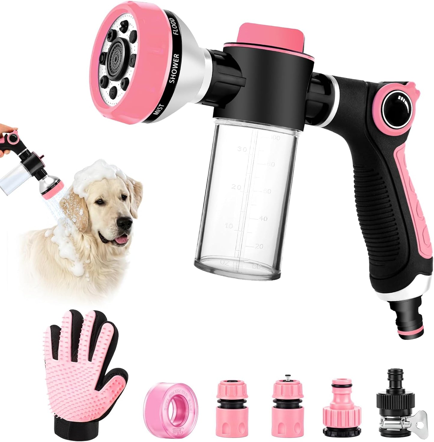 Premium Dog Washing Hose Attachment, Dog Shower Attachment with Pet Grooming Glove, 8-in-1 Sprayer Garden Hose Nozzle with Soap Dispenser Bottle for Garden, Pet Shower and Car Wash