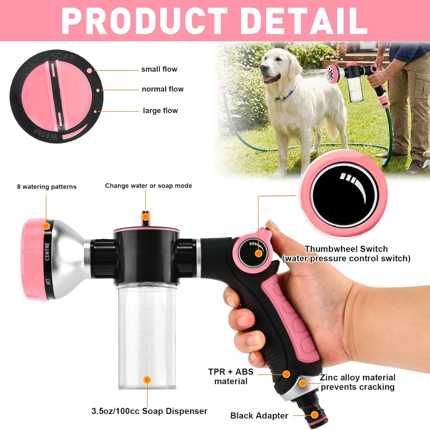 Premium Dog Washing Hose Attachment, Dog Shower Attachment with Pet Grooming Glove, 8-in-1 Sprayer Garden Hose Nozzle with Soap Dispenser Bottle for Garden, Pet Shower and Car Wash