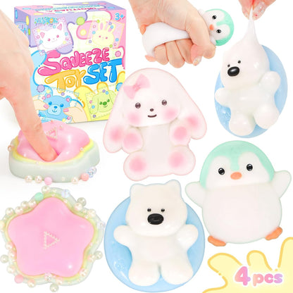 Squishy Fidget Toys 4Pcs, Cute Penguin Bunny Pool Dog Squeeze Sensory Toys for Kids Stress Relief Gifts Treasure Box Toys for Classroom Birthday Party Favors Easter Stocking Stuffers for Teens