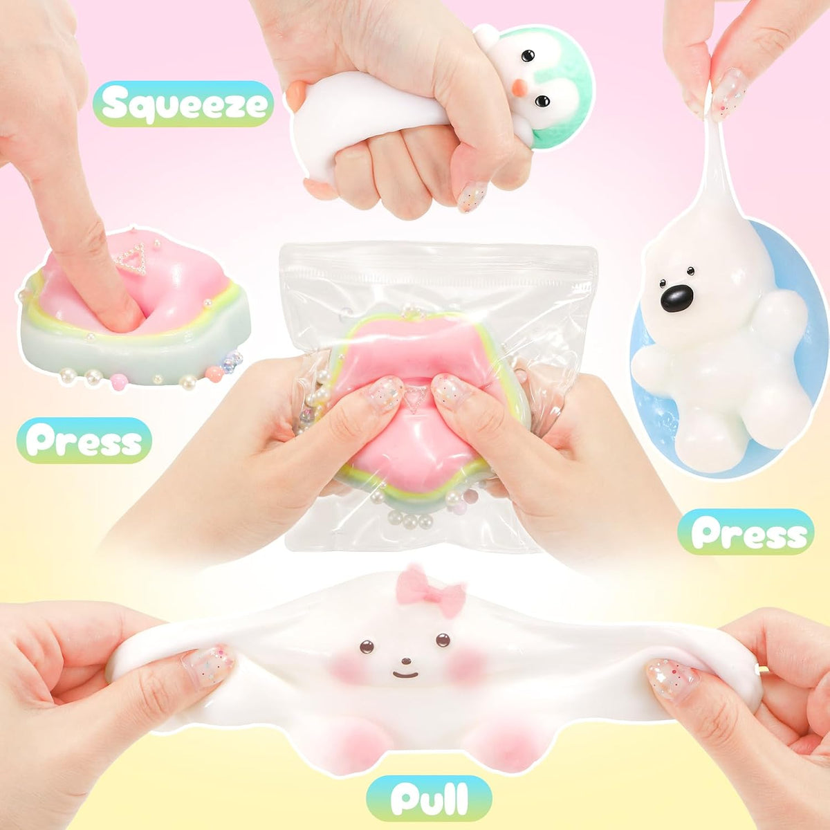 Squishy Fidget Toys 4Pcs, Cute Penguin Bunny Pool Dog Squeeze Sensory Toys for Kids Stress Relief Gifts Treasure Box Toys for Classroom Birthday Party Favors Easter Stocking Stuffers for Teens