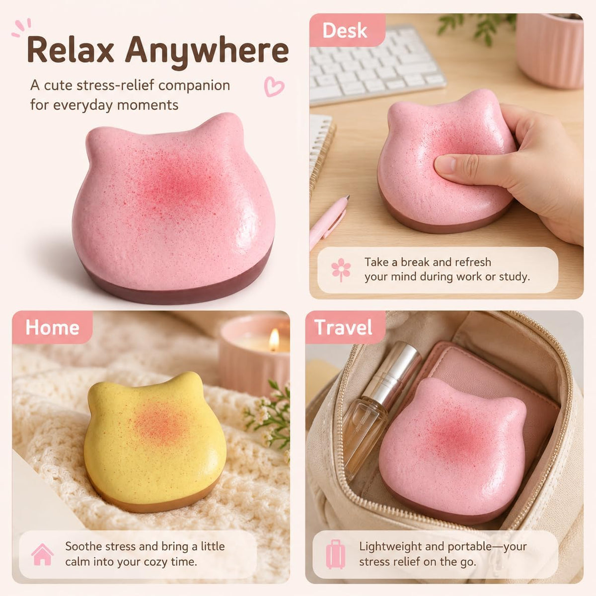 Cute Cat Sticky Bread Squishy Fidget Toys,Slow Rising Squeeze Toy,Realistic Food Moist and Soft for Stress Relief, Hand Exercise, Desk Play, Party Favors Gifts (Pink)