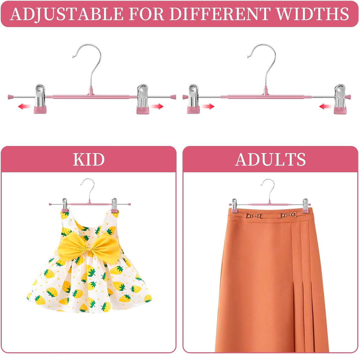 Pants Hangers with Clips Skirt Hangers, 12 Inch 50 Pack, Pink