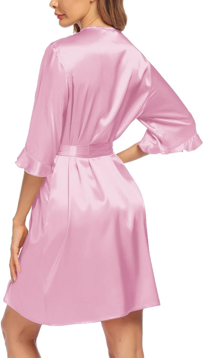 Women's Satin Robe Kimono Bathrobe Short Ruffle Sleeve Silk Robes