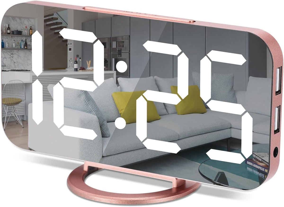 Digital Alarm Clock,7 Inch LED Mirrored Large Display, with Dual USB Charger Ports,Auto Dim,Snooze Function,Modern Desk Wall Electronic Clocks for Bedroom Living Room Office - Rose Gold