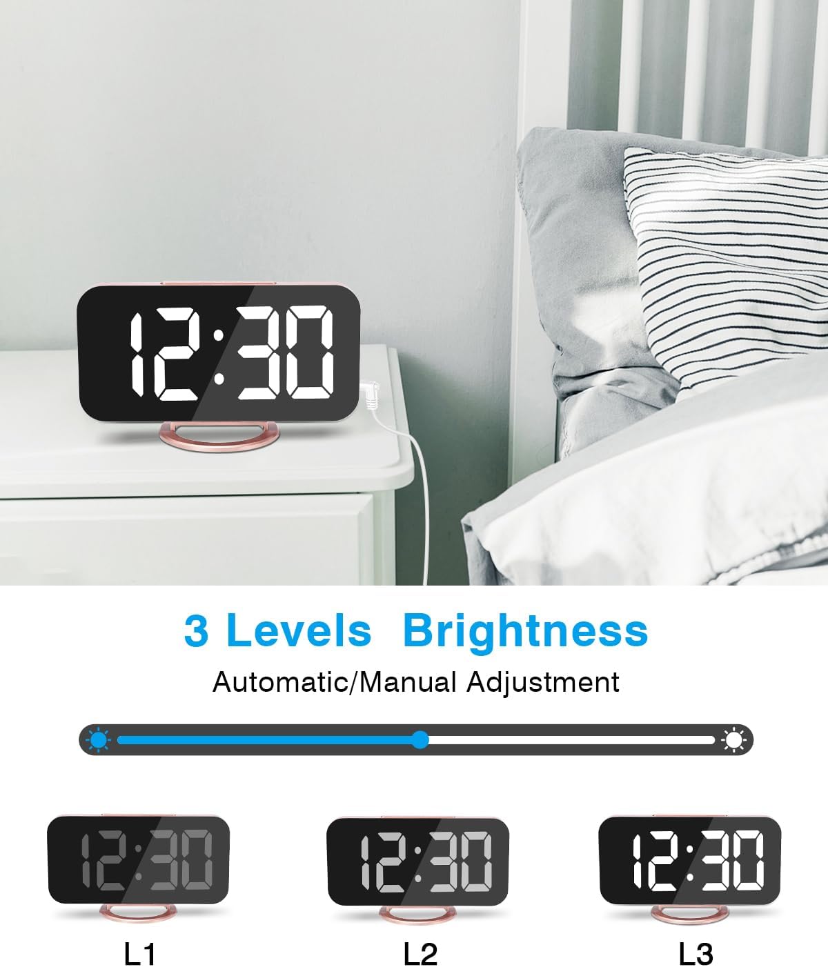 Digital Alarm Clock,7 Inch LED Mirrored Large Display, with Dual USB Charger Ports,Auto Dim,Snooze Function,Modern Desk Wall Electronic Clocks for Bedroom Living Room Office - Rose Gold
