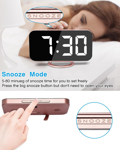 Digital Alarm Clock,7 Inch LED Mirrored Large Display, with Dual USB Charger Ports,Auto Dim,Snooze Function,Modern Desk Wall Electronic Clocks for Bedroom Living Room Office - Rose Gold