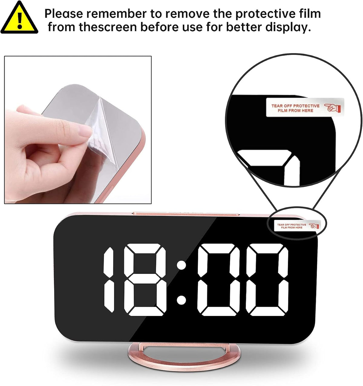 Digital Alarm Clock,7 Inch LED Mirrored Large Display, with Dual USB Charger Ports,Auto Dim,Snooze Function,Modern Desk Wall Electronic Clocks for Bedroom Living Room Office - Rose Gold
