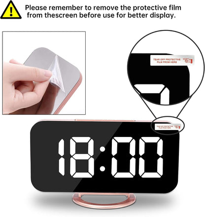 Digital Alarm Clock,7 Inch LED Mirrored Large Display, with Dual USB Charger Ports,Auto Dim,Snooze Function,Modern Desk Wall Electronic Clocks for Bedroom Living Room Office - Rose Gold