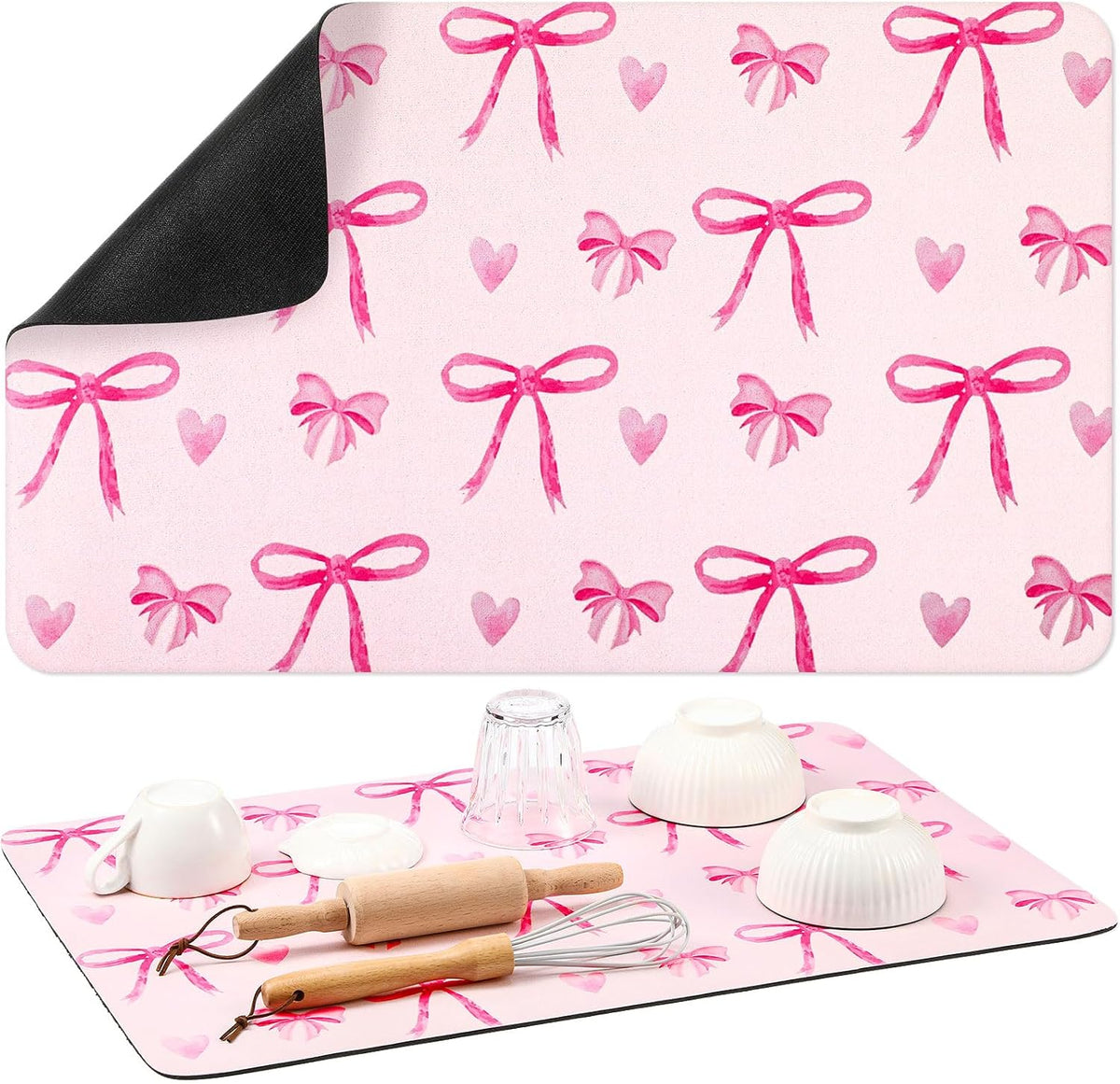 Large Coquette Pink Bow Dish Drying Mat Large for Kitchen 24"x 16" Aesthetic Bow Absorbent Coffee Bar Pad for Women Counter Kitchen Home Decor Accessories Party Gifts